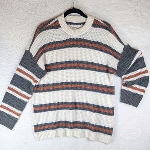465-American Eagle Outfitters Cream and Gray Striped Sweater Oversize